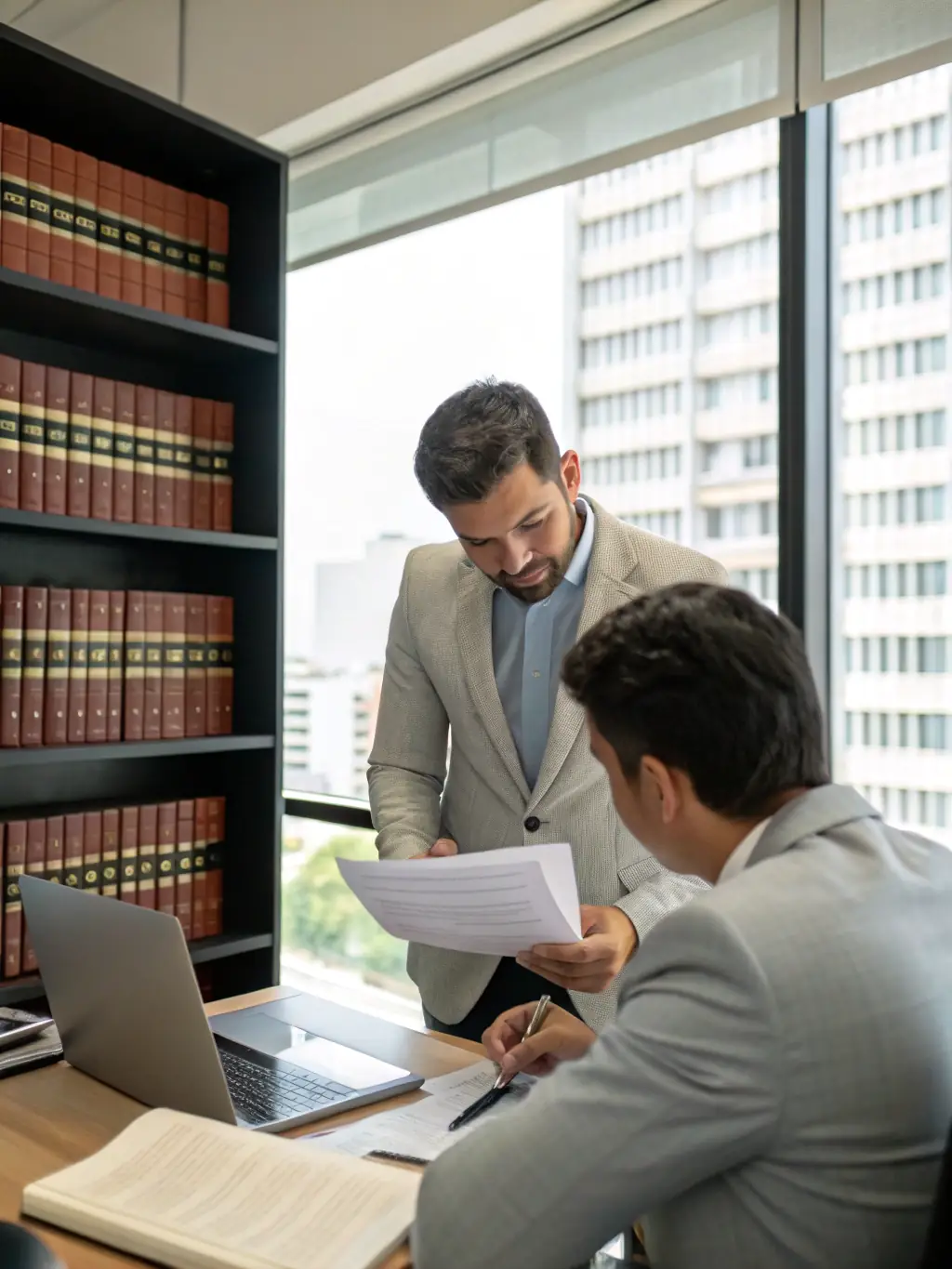 A professional lawyer in a suit, confidently advising a business owner in a modern office setting, emphasizing trust and expertise.