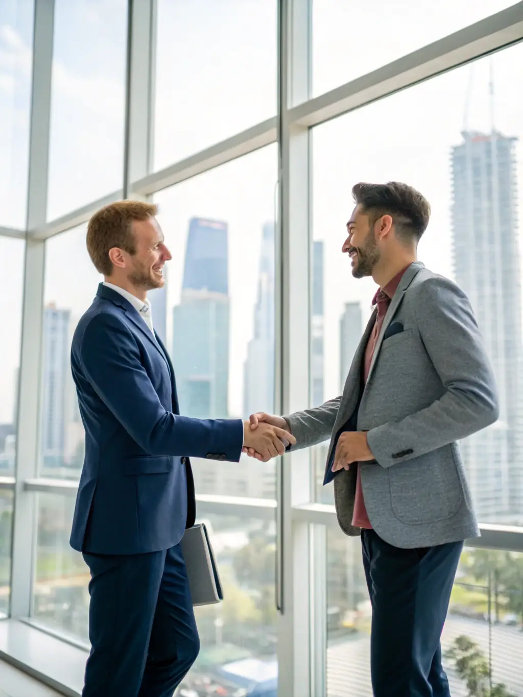 Two business partners shaking hands after a successful negotiation, representing successful business transactions and agreements.
