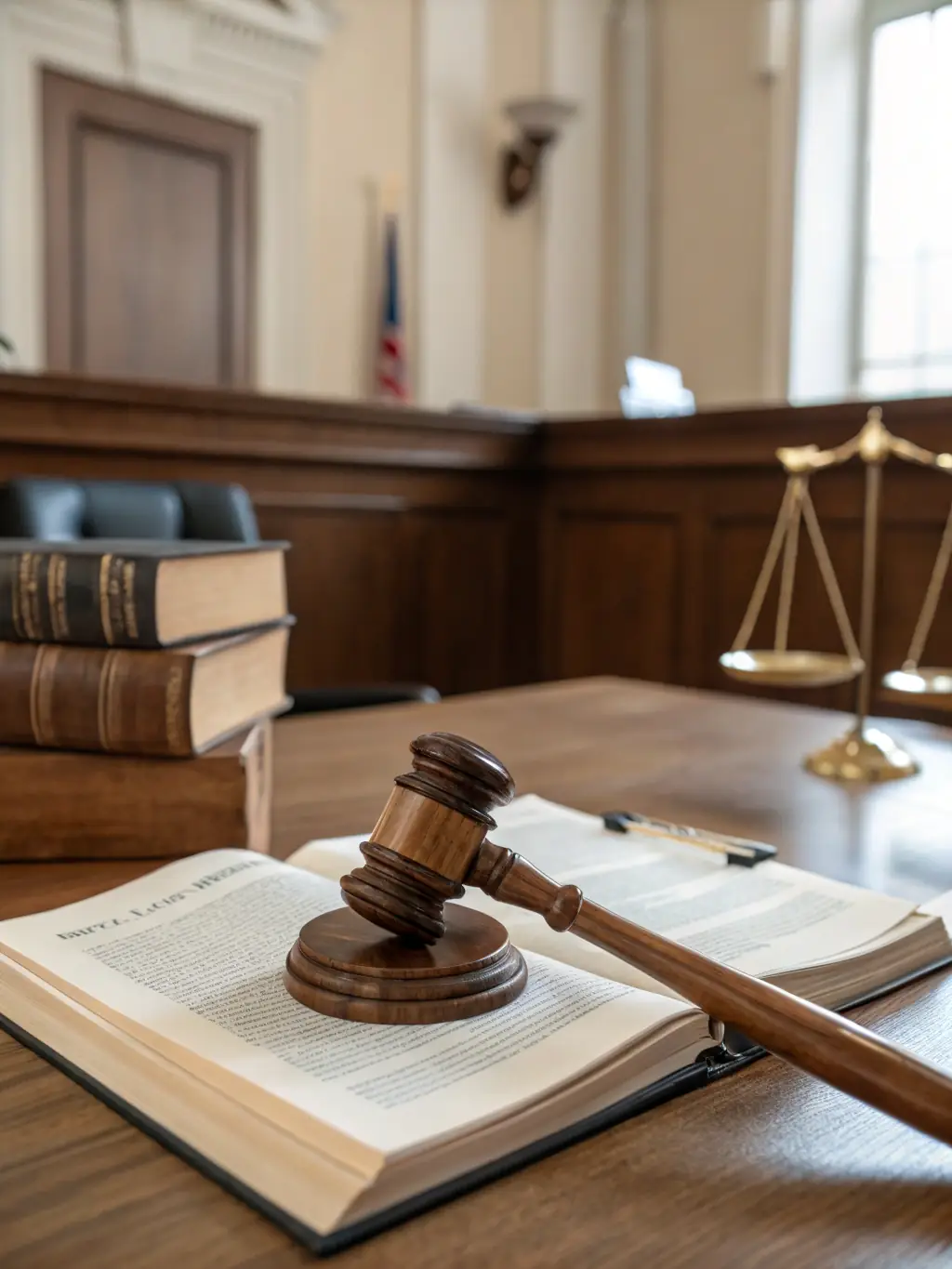 A gavel resting on a stack of legal documents in a courtroom, symbolizing justice and the resolution of business disputes.