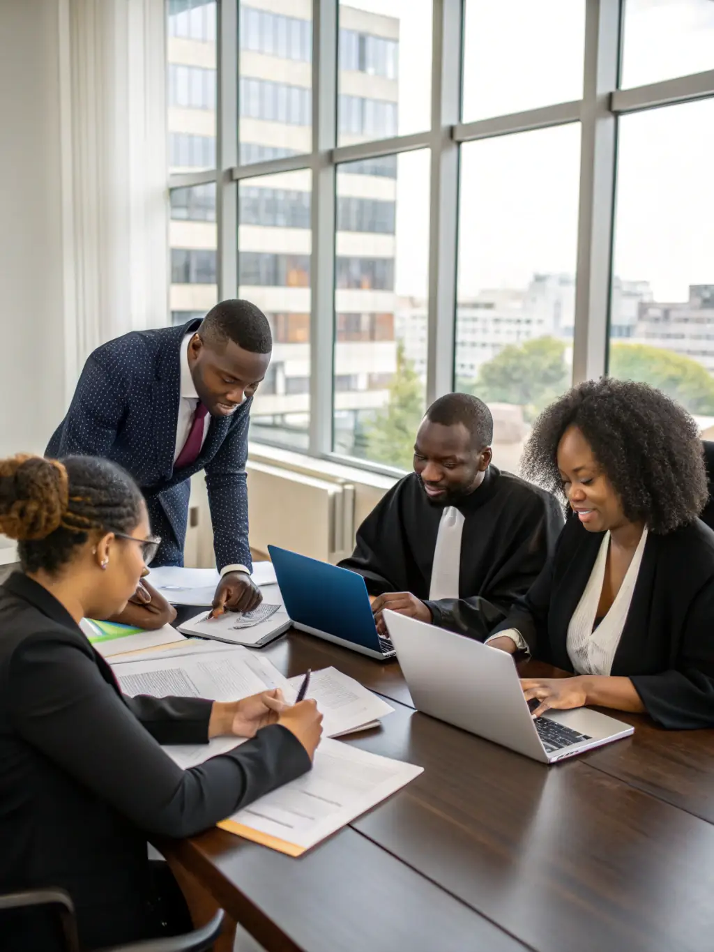 A diverse team of lawyers collaborating in a modern office, showcasing the firm's collaborative approach to business law.